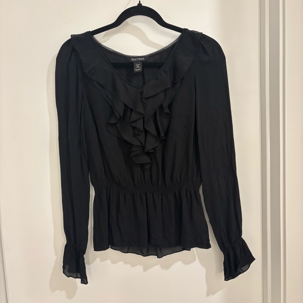 White House Black Market Silk Black Ruffle Blouse